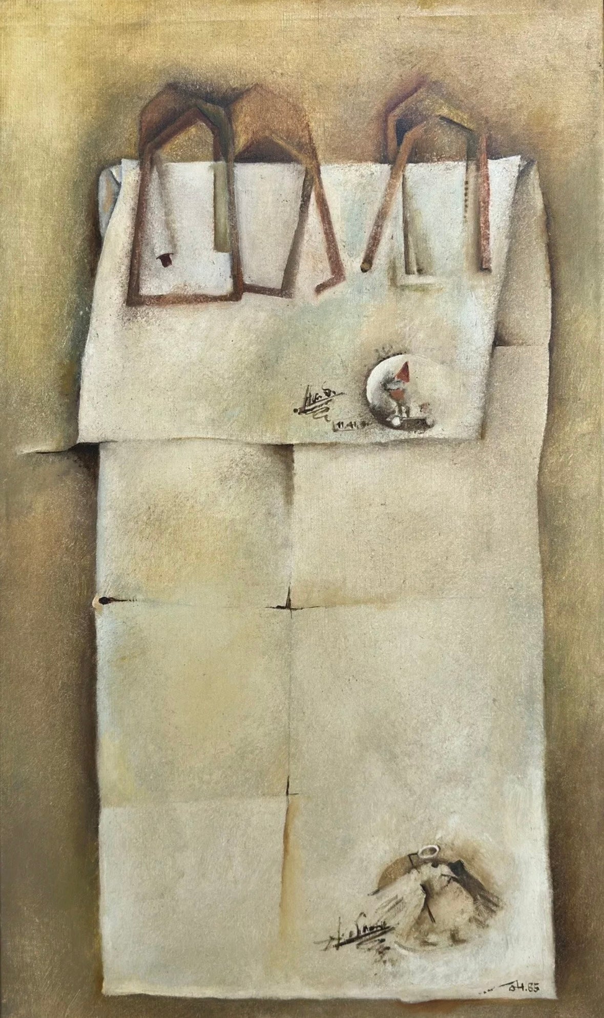 Orig. Gemälde Johannes Wolf (1939-2002 Siegburg) Öl a. Lw. „Das Amtsblatt“ 1985 Surrealismus X Kubismus X Symbolismus @ Öff. Verwaltung