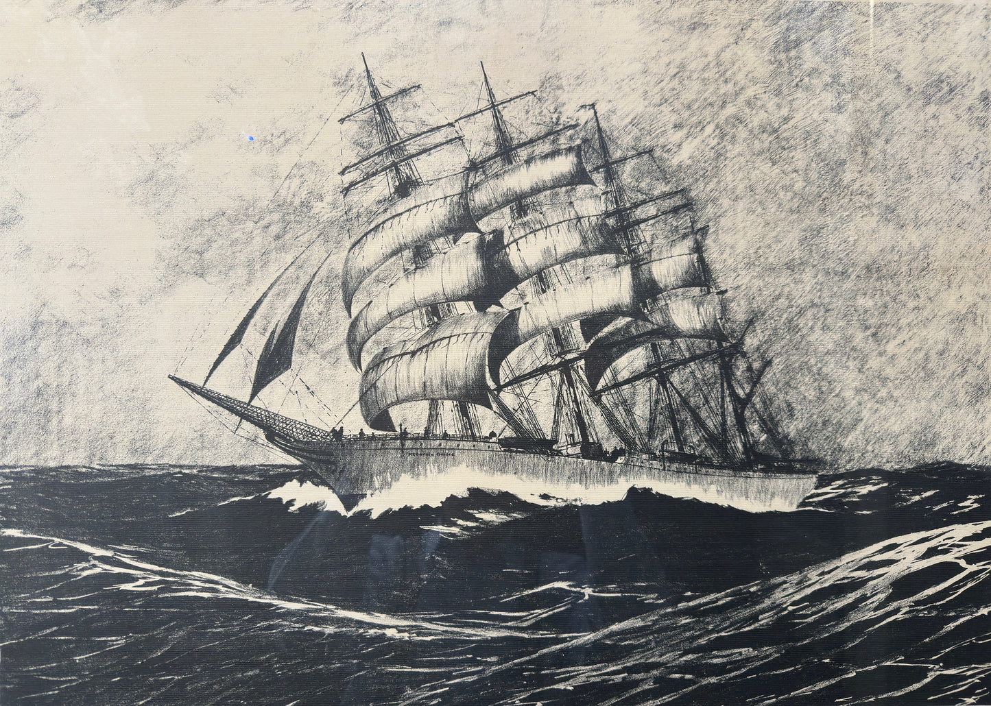 Orig.-Lithographie des Marinemalers BENNO MENTZ Bremen 1927 Segelschiff Viermaster auf hoher See / Herzogin Cecilie