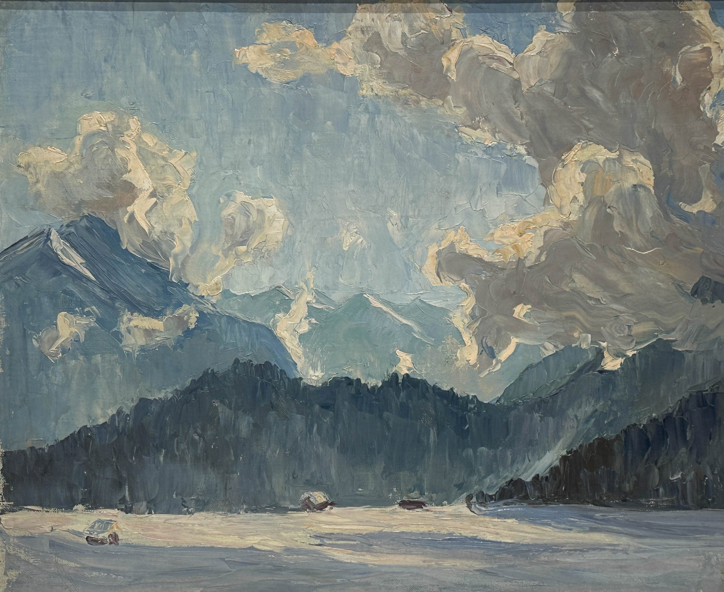 Alpine Schneelandschaft mit strahlend blauem Himmel, Atemberaubendes Orig.-Gemälde von Elfriede Jungk (1889-1955)
