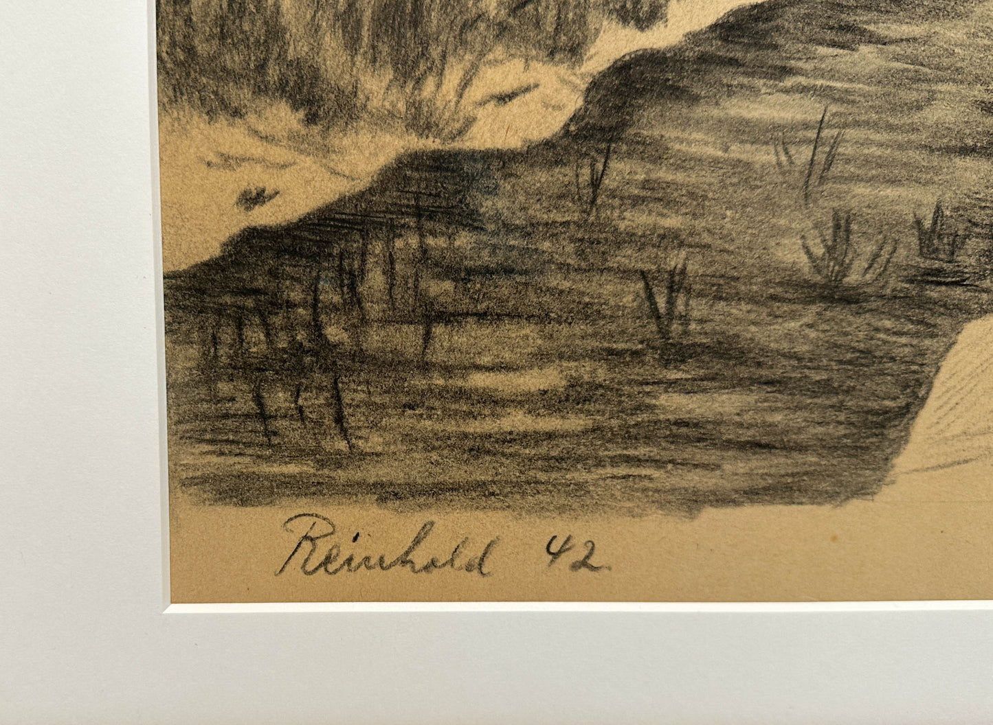 Graphitzeichnung Niederrheinische Flusslandschaft im Winter, signiert Reinhold, datiert (19)42.