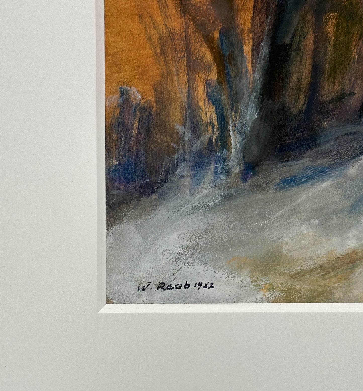 „Am Ebelfeld an der Nidda bei Praunheim“, 1982. Pastell-Gouache-Mischtechnik auf Malpappe von Wilhelm Raab (1907-1989), 20x30 in 30x40 Passepartout in Aluminium gerahmt.