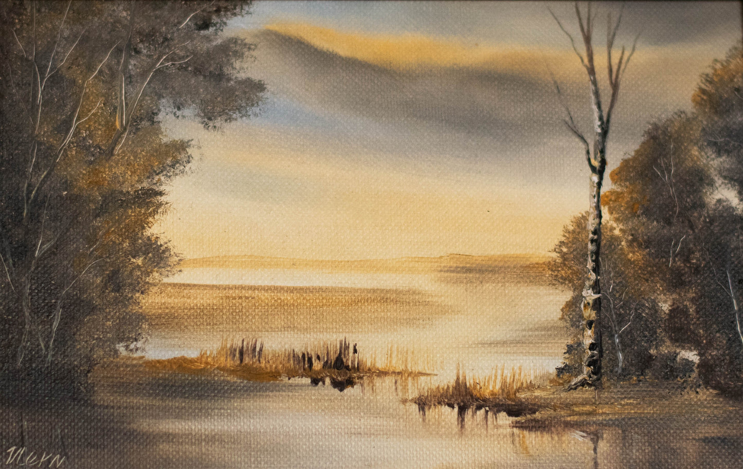 Landschaft im Morgengrauen / Sonnenaufgang - Kl. Gemälde v. Ilse Nern