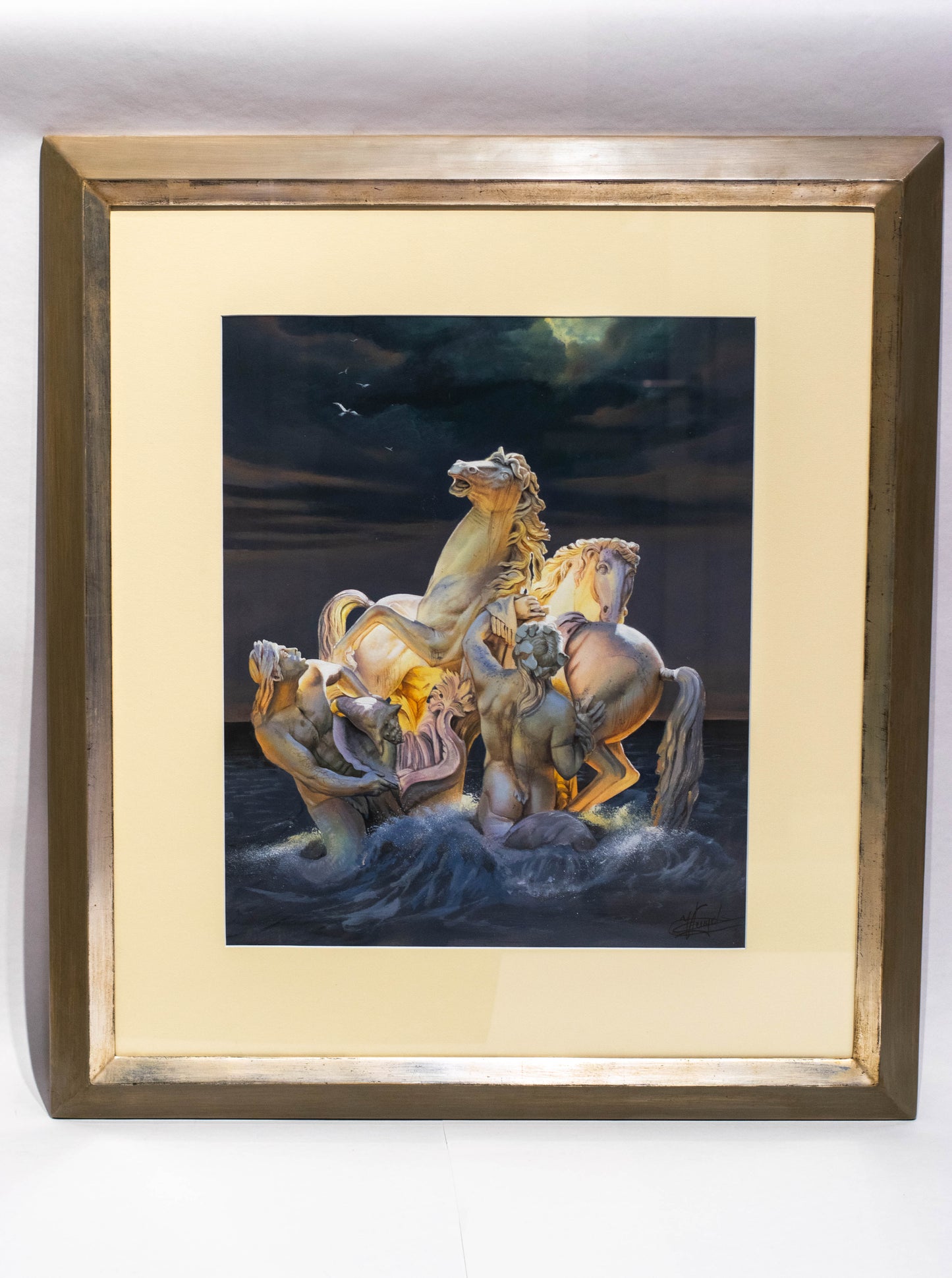 **Original Gouache a. Papier v. Christiane Vleugels (*1963 Antwerpen), Sonnenpferde Versailles Chevaux du Soleil, nach Gilles Guérin**