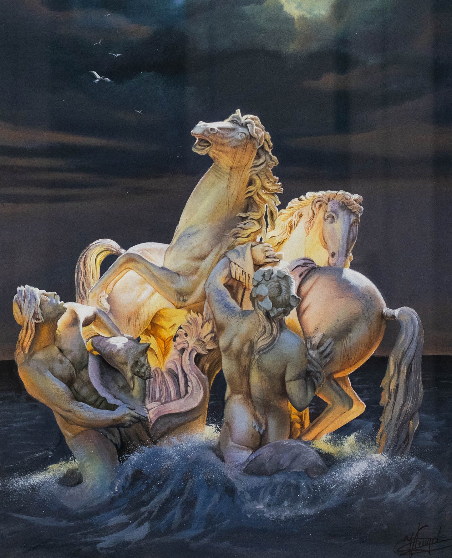 **Original Gouache a. Papier v. Christiane Vleugels (*1963 Antwerpen), Sonnenpferde Versailles Chevaux du Soleil, nach Gilles Guérin**
