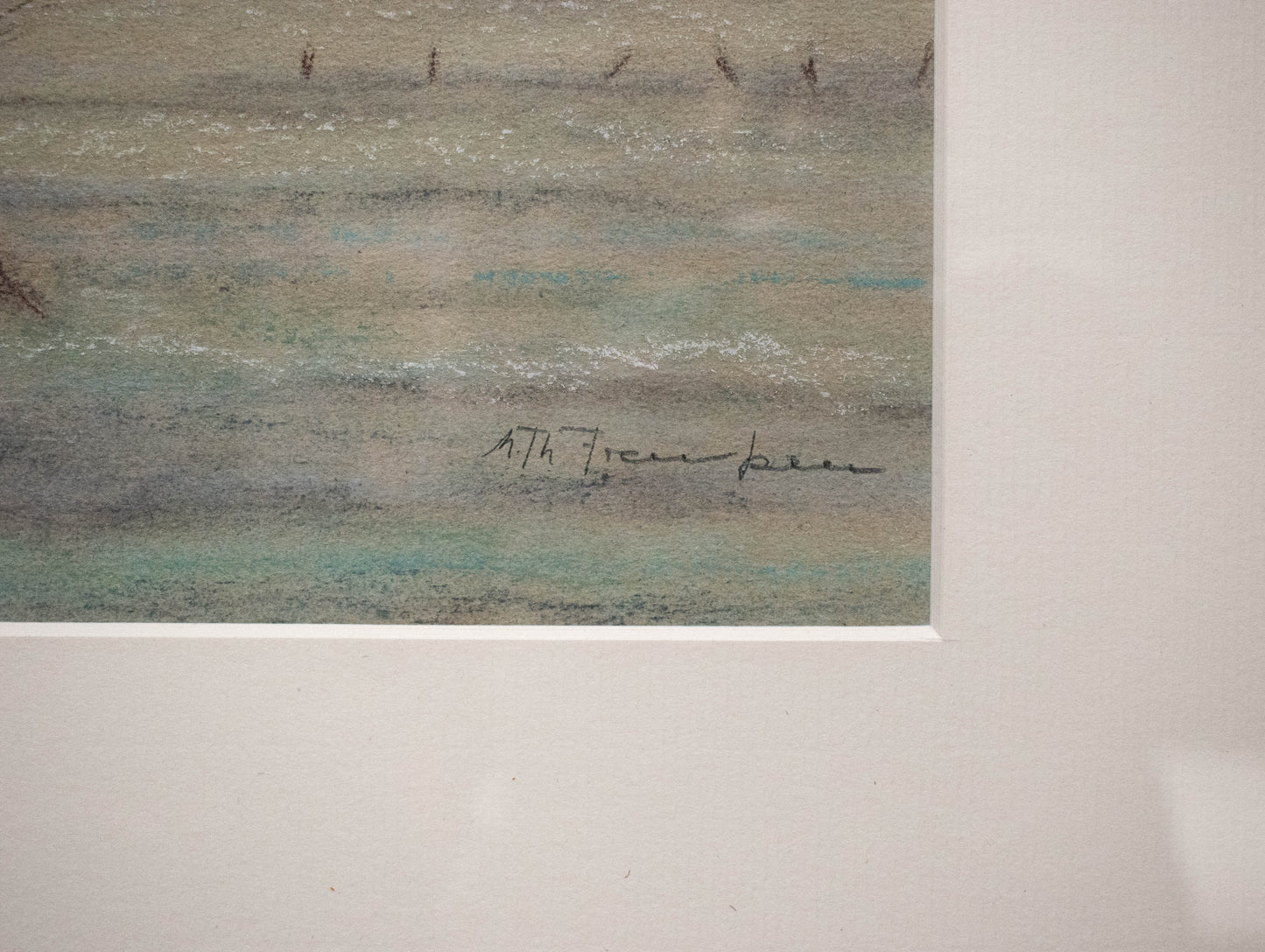 Kopfweiden in Winterlandschaft, Pastell auf grauem Zeichenpapier von Maria Theresia Rave-Faensen (1903-1987)