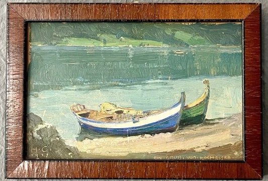 Original-Gemälde Hermann Göhler 1917 Öl auf Karton Kochelsee Ruderboote Seeufer