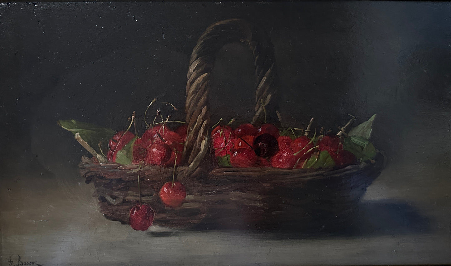 Stillleben FERDINAND BASSOT (1843-1900) Paris, Frisch gepflückte Kirschen im Flechtkorb, Ölfarbe auf Holztafel, in Echtholz gerahmt