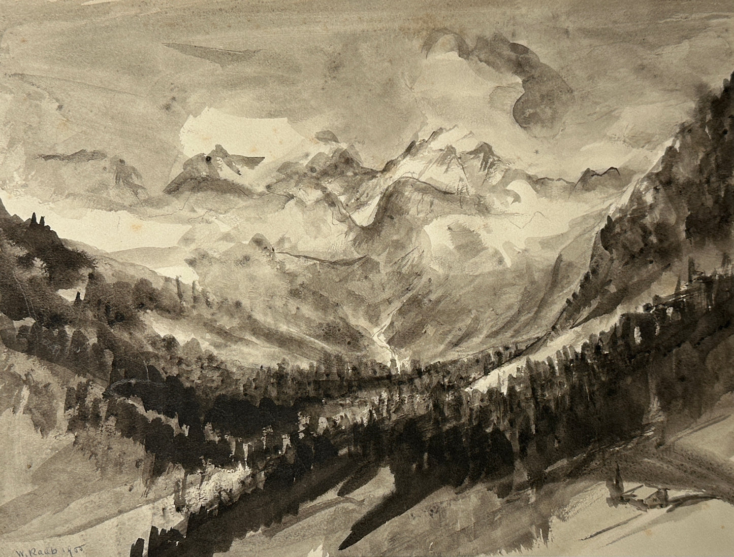 Alpine Winterlandschaft mit Nadelwald, Tusche auf Papier von Wilhelm Raab (1907-1989), 1955, 30x40 Conservo Holz Halbe-Rahmen mit Artglass 92 verglast