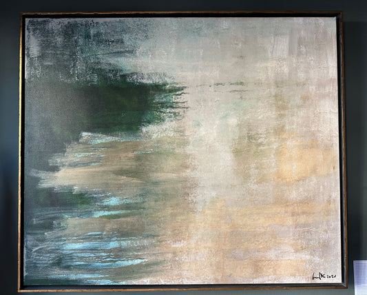Orig.-Gemälde von Jan Schröder, „Grünes Wasser“ 2021, Schellack auf Leinwand im blattvergoldeten Schattenfugenrahmen