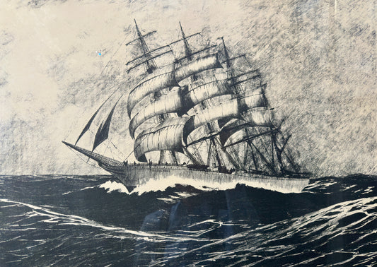 Orig.-Lithographie des Marinemalers BENNO MENTZ Bremen 1927 Segelschiff Viermaster auf hoher See / Herzogin Cecilie