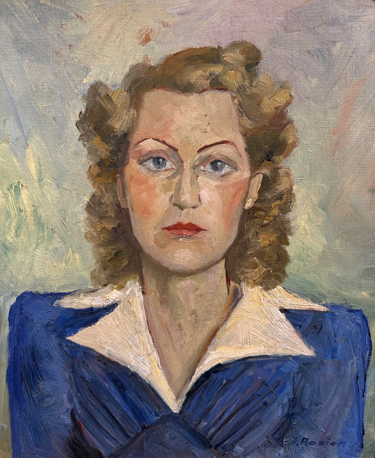 Porträt Neue Sachlichkeit Blonde Frau im blauen Dress mit Schulterpolstereinlagen, unleserlich signiert, datiert (19)47, post-war women portrait