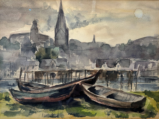 Eindrucksvolles Orig.-Aquarell Stadtansicht Flensburg Hafen Boote handsigniert