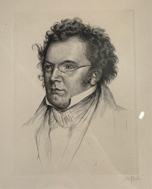 Orig.-Radierung v. Wilhelm Pech (Grafiker des 20. Jh.), Porträt / Brustbild des Komponisten Franz Schubert