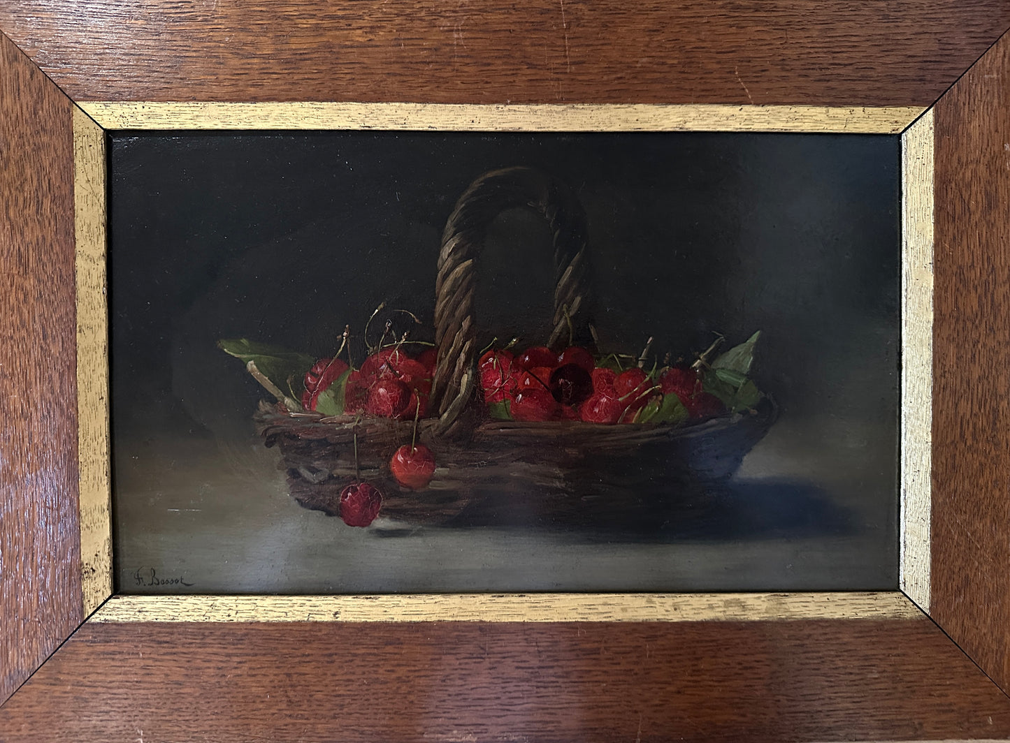 Stillleben FERDINAND BASSOT (1843-1900) Paris, Frisch gepflückte Kirschen im Flechtkorb, Ölfarbe auf Holztafel, in Echtholz gerahmt