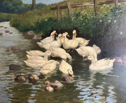 Orig.-Gemälde v. Ernö Nagy (1881 Budapest - 1951 München) Weiße Enten im Bach, um 1925