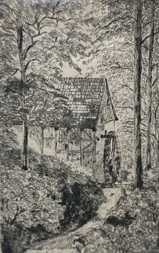Orig.-Kupferstich v. Fritz Lange (1851-1922), Düsseldorf. Mühle in Fachwerkhaus an Bach im Wald