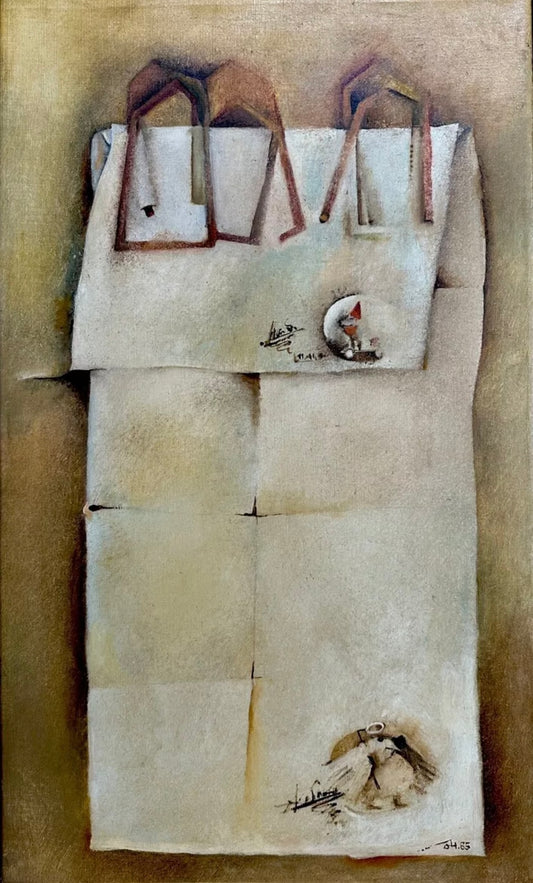 Orig. Gemälde Johannes Wolf (1939-2002 Siegburg) Öl a. Lw. „Das Amtsblatt“ 1985 Surrealismus X Kubismus X Symbolismus @ Öff. Verwaltung