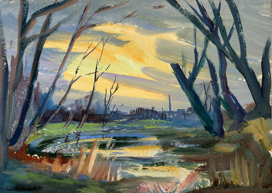 Farbenprächtiges Gemälde von Wilhelm Raab (1907-1989) „An der Nidda bei Praunheim, Frankfurt a. Main“, um 1975, Gouache auf Malpappe, 30 x 40 cm, im Halbe-Rahmen Conservo 22 Eiche hinter Artglass 92