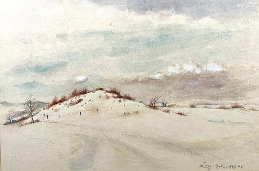 Traumhaftes Aquarell von Ruth Dolmetsch (1918-2000) „Im Winter“ aus dem Friedensjahr 1945. 30x42 cm, montiert und gerahmt.