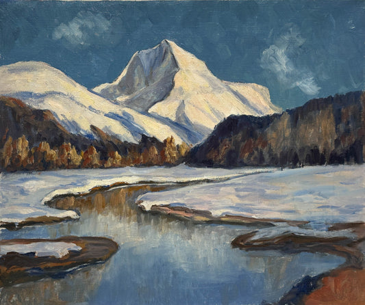 Alpine Flusslandschaft im Winter, Orig.-Gemälde von Elfriede Jungk (1889-1955) Klassische Moderne