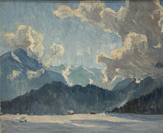 Alpine Schneelandschaft mit strahlend blauem Himmel, Atemberaubendes Orig.-Gemälde von Elfriede Jungk (1889-1955)
