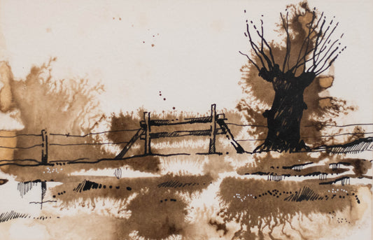 Jens Rusch (*1950) Kopfweide mit Zaun 1976 - Aquarell in Sepia, 70s Art