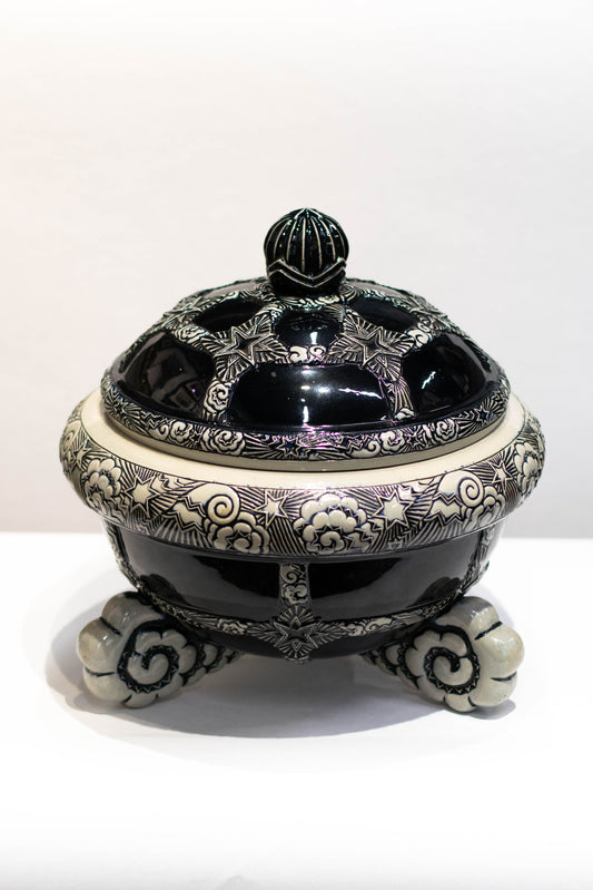 Original Jugendstil Bowle m. Sternen & Wolken auf Nautilus-Füßen, Dümler Breiden um 1910, Höhr, Westerwald-Keramik