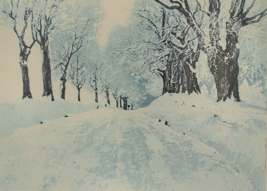 Orig.-Farbradierung von Friedrich Iwan (1889-1967). Verschneite Allee bei Landeshut / Winterlandschaft Niederschlesien