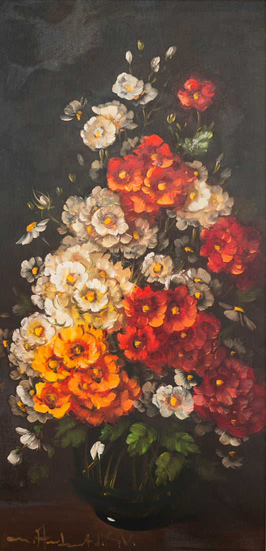 Französischer o. belgischer Künstler des 20. Jahrhunderts, Ölgemälde Blumenstillleben in dunkler Rauchglasvase