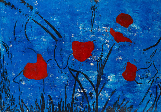 Jan Schröder (*1948). Farbholzschnitt „Mohnblumen“, 8. Ausführung 1995