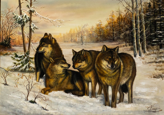 **Original-Gemälde v. Christiane Vleugels (*1963 Antwerpen), Wolfsrudel im Winter**