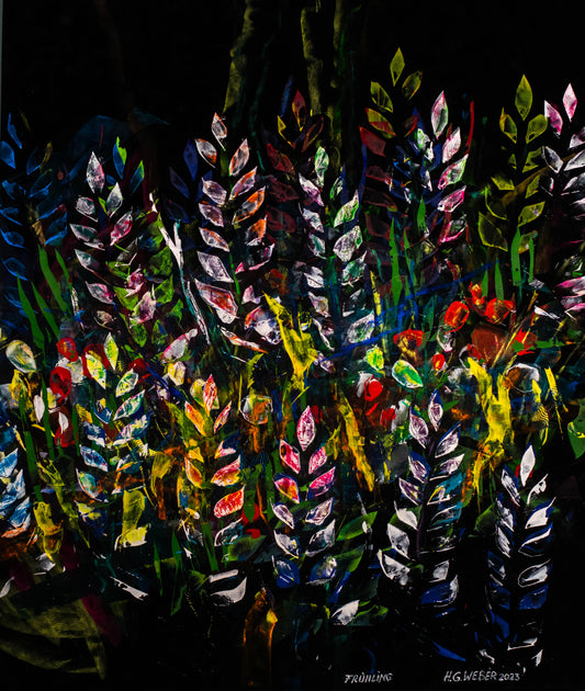 Orig.-Gemälde „Frühling“ 2023 von Hans Günter Weber (*1956), Acryl auf schwarzem Velours, 130 x 110 cm