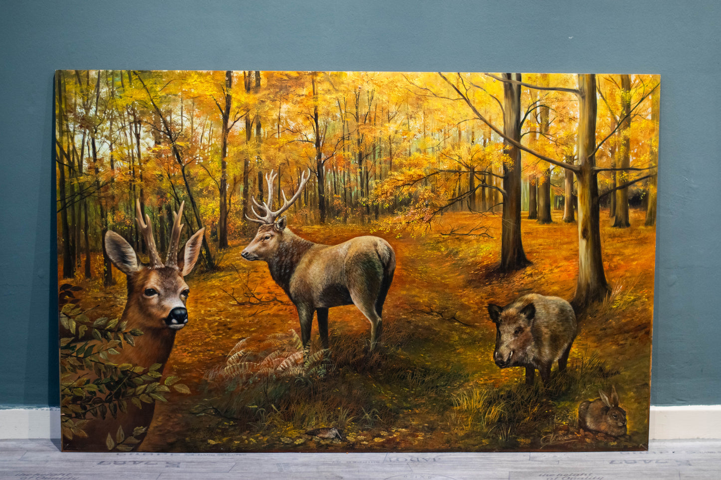 **Original-Gemälde v. Christiane Vleugels (*1963 Antwerpen), Waldtiere im Herbst**