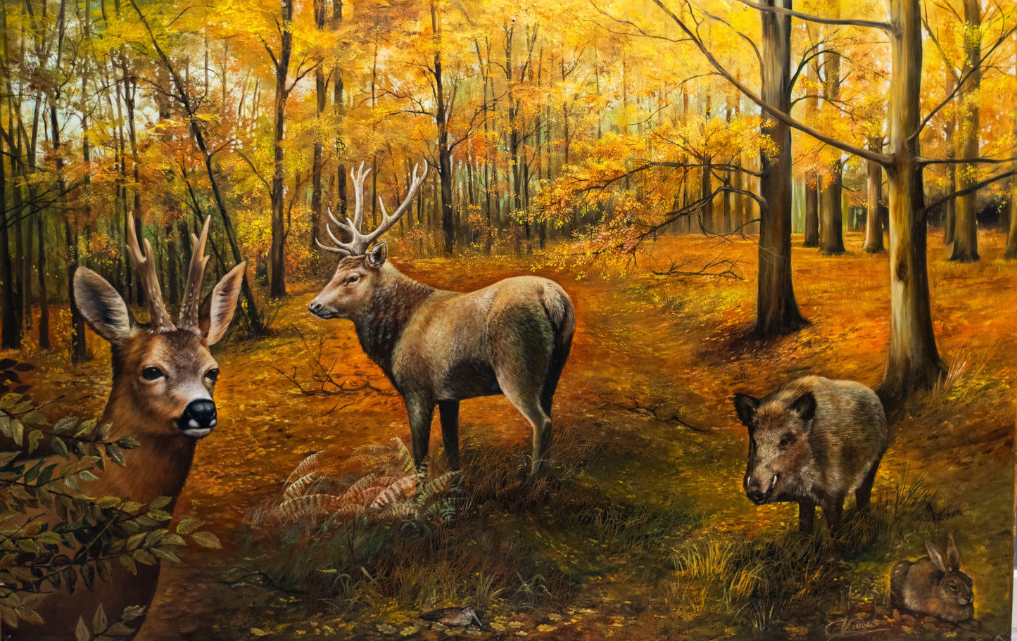 **Original-Gemälde v. Christiane Vleugels (*1963 Antwerpen), Waldtiere im Herbst**