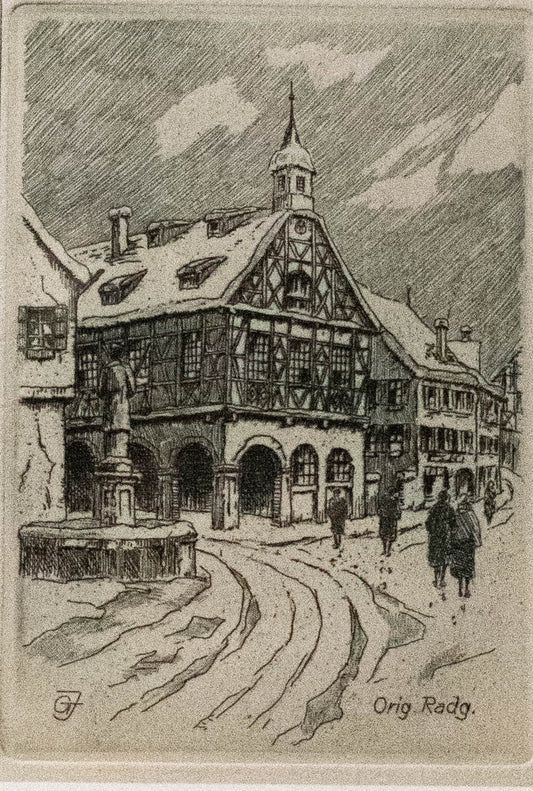 Waiblingen im Winter / Altes Rathaus, Originalradierung, Monogrammist GJ