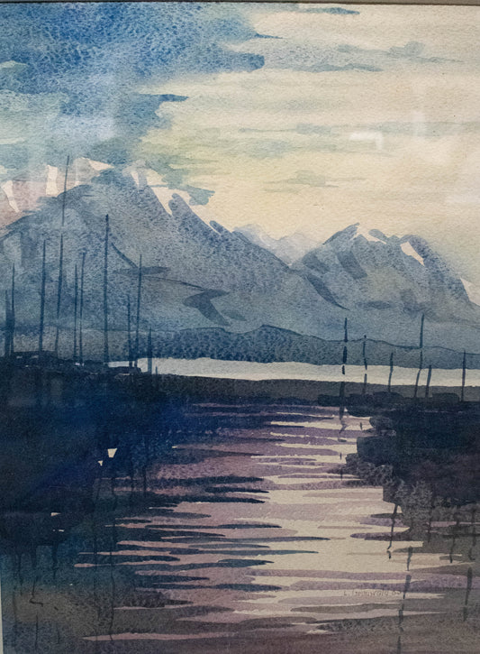 Winterliche Bergseeaussicht, Orig.-Aquarell auf Zeichenpapier von L. Grunwald, 1983, Künstler des 20. Jh., 80er Jahre Kunst