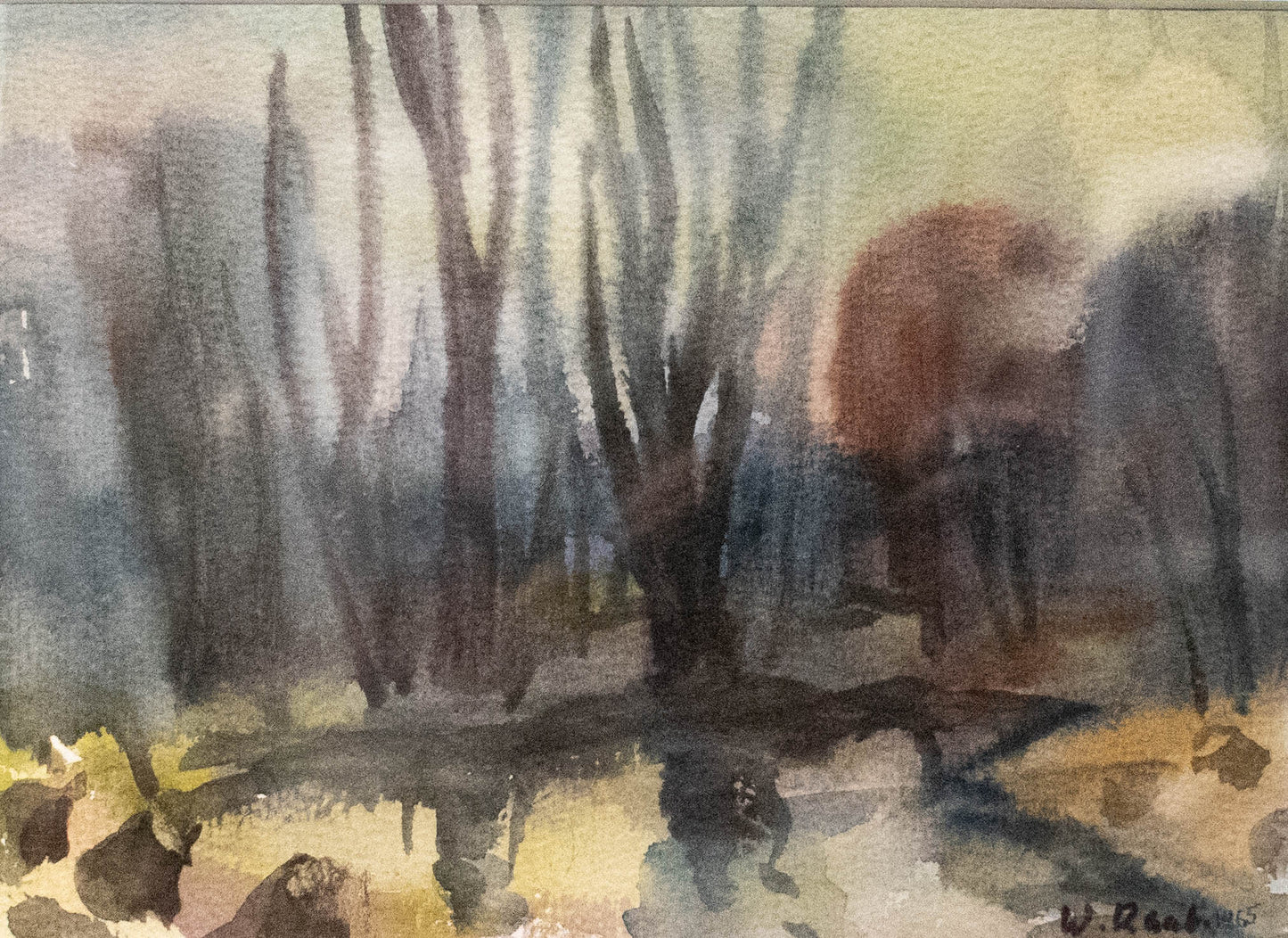 Winterliche Flusslandschaft an der Nidda, Vogelschutzgebiet Hausen, 1965, Aquarell von Wilhelm Raab (1907-1989)