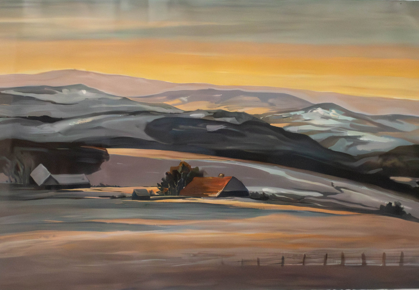 Mid-Century-Malerei, Weite Winterlandschaft in der winterlichen Dämmerung 1954, Künstler des 20. Jahrhunderts, Tempera auf Malpappe
