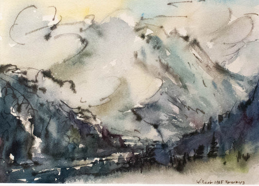 Alpines Aquarell von Wilhelm Raab (1907-1989) „Vorarlberg“, 1985, Österreich. Plein-Air Aquarell und Tusche auf Bütten, 18x24 / 30x40 cm, im hochwertigen Halbe-Rahmen hinter Artglass 92