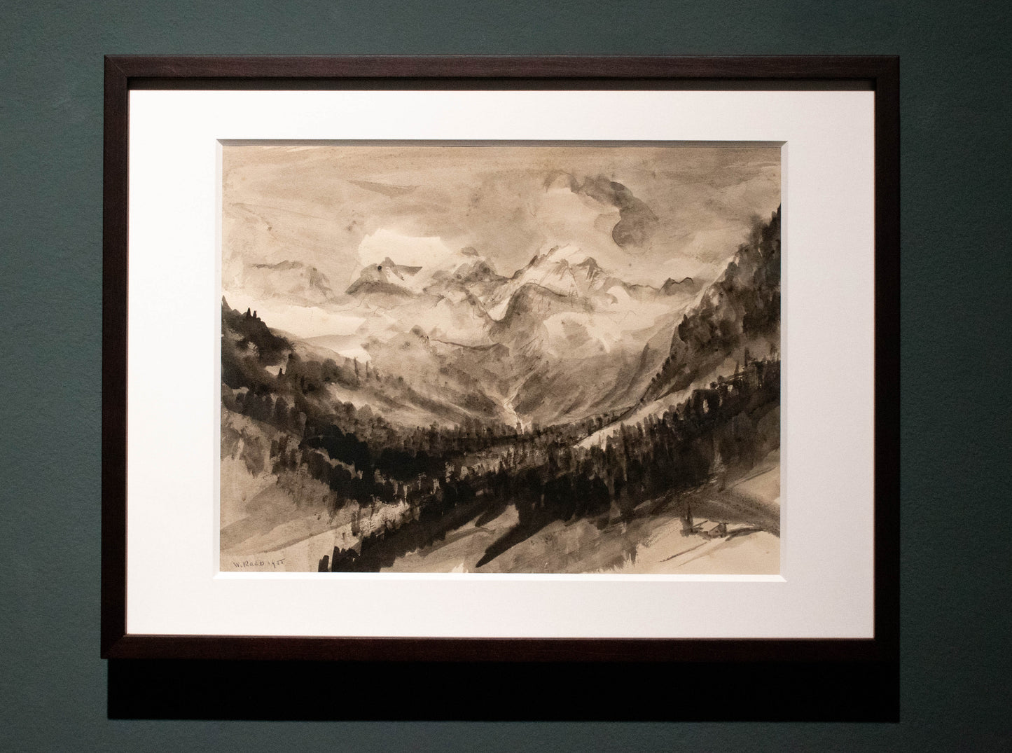 Alpine Winterlandschaft mit Nadelwald, Tusche auf Papier von Wilhelm Raab (1907-1989), 1955, 30x40 Conservo Holz Halbe-Rahmen mit Artglass 92 verglast