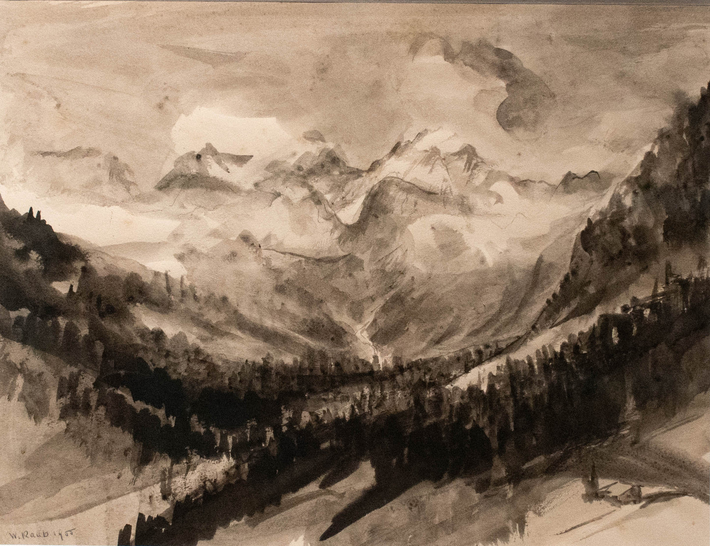 Alpine Winterlandschaft mit Nadelwald, Tusche auf Papier von Wilhelm Raab (1907-1989), 1955, 30x40 Conservo Holz Halbe-Rahmen mit Artglass 92 verglast
