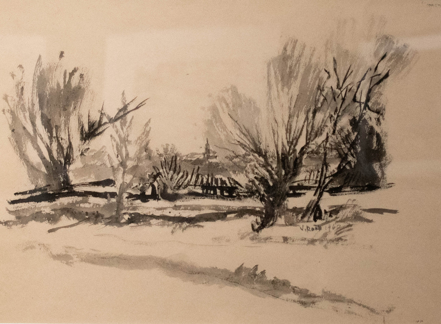 „Blick nach Praunheim im Winter.“ Tuschezeichnung auf hellbraunem Zeichenpapier, 1960. Wilhelm Raab (1907-1989)