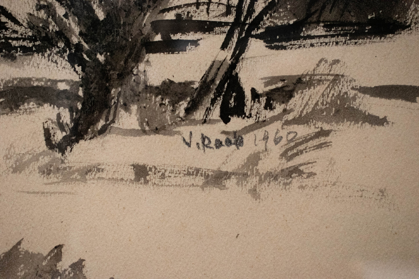 „Blick nach Praunheim im Winter.“ Tuschezeichnung auf hellbraunem Zeichenpapier, 1960. Wilhelm Raab (1907-1989)