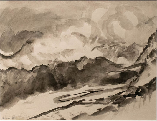 Alpine Winterlandschaft in Österreich, 1955, von Wilhelm Raab (1907-1989), Tusche auf Zeichenpapier, 23x30 / 30x40 cm