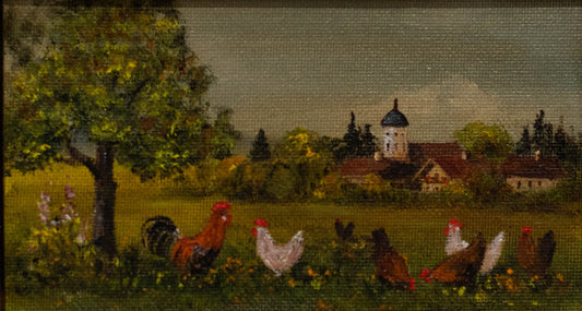 Kleines Gemälde Dorfidyll mit Hahn und Hühnern, Rosemarie Knieper Ottobrunn